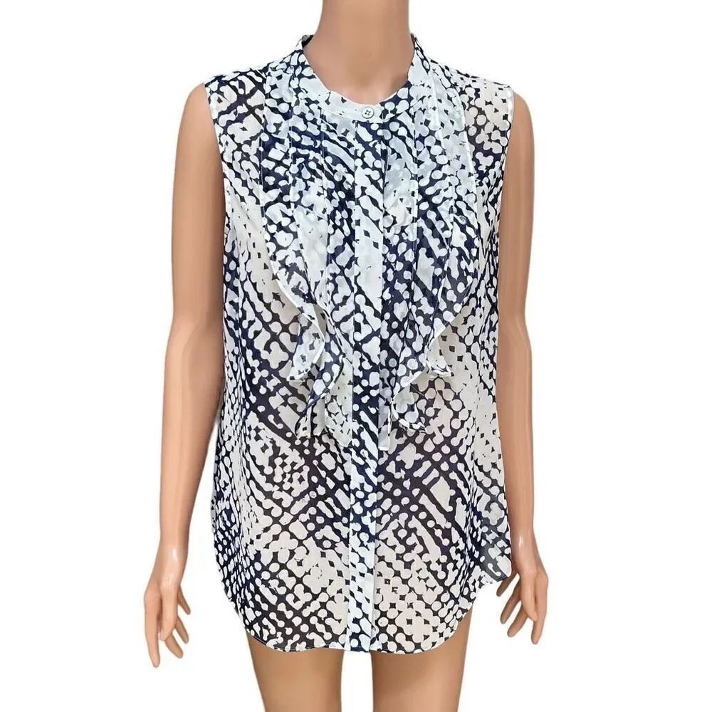 Cabi Women's Venture Top Blue & White Sleeveless Ruffled Sheer Blouse size M